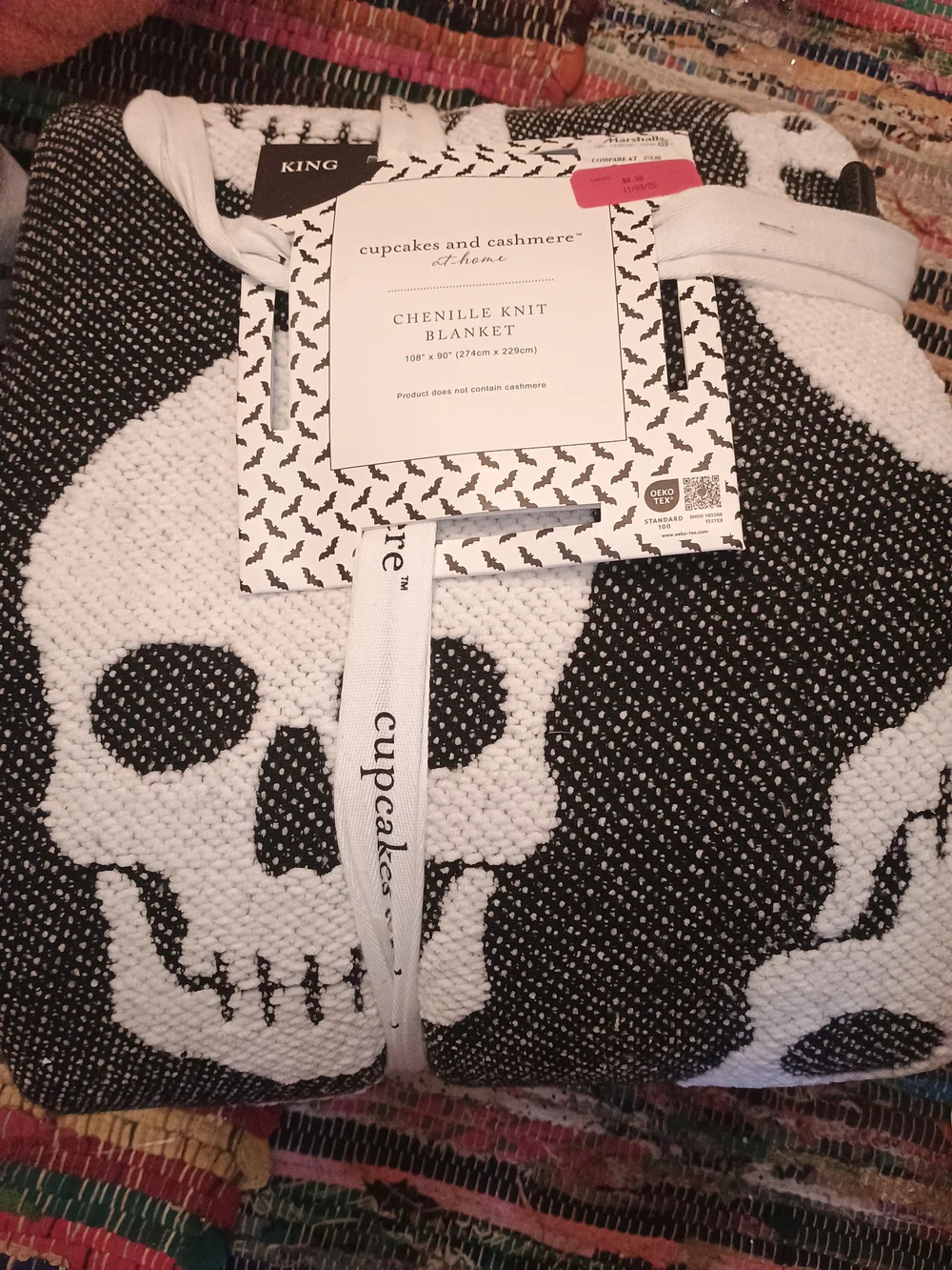 cupcakes & cashmere Black and White Skull Chenille Knit Blanket